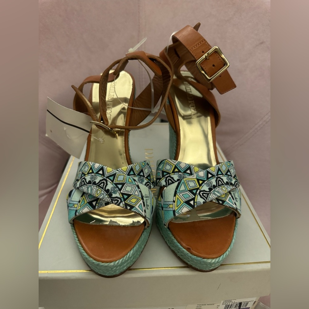 NEW Emilio Pucci Aqua Blue Canvas Wedge Sandals with Camel Leather